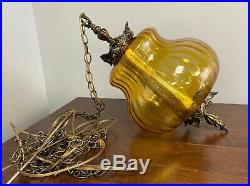 Vintage 1960s Large Amber Glass Hanging Swag Chain Lamp Light A&M Whitemetal