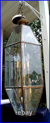 Vintage 1960s MCM Hanging Beveled Glass Hexagon Chandelier Ceiling Swag Lamp