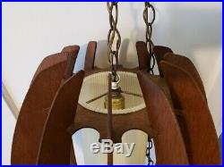 Vintage 1960s Mid Century Danish Modern LARGE Teak Swag Hanging Cylinder Lamp
