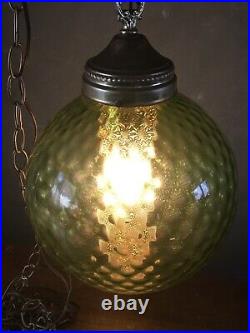 Vintage 1960s Mid Century Green Glass Globe Hanging Swag Lamp Light