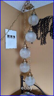 Vintage 1960s Mid-Century Working 5 Block Clear Glass Globe Chain Hanging Lamp