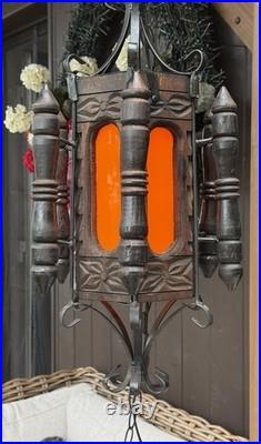 Vintage 1960s Revival Wood & Iron Chandelier Swag Lamp Made In Mexico