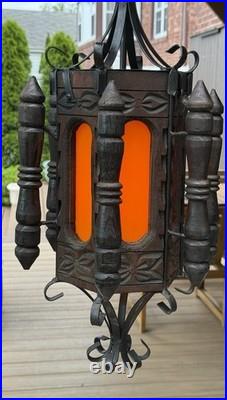Vintage 1960s Revival Wood & Iron Chandelier Swag Lamp Made In Mexico