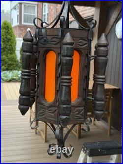 Vintage 1960s Revival Wood & Iron Chandelier Swag Lamp Made In Mexico