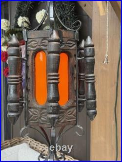 Vintage 1960s Revival Wood & Iron Chandelier Swag Lamp Made In Mexico