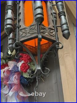 Vintage 1960s Revival Wood & Iron Chandelier Swag Lamp Made In Mexico