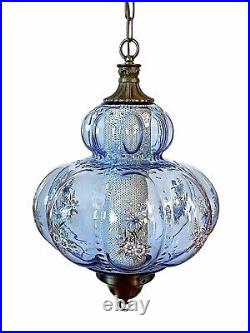 Vintage 1970's-80's Falkenstein Blue Bubble Floral Glass Hanging Swag Light/Lamp