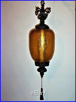 Vintage 1970's Amber Crackled Hanging Swag Lamp