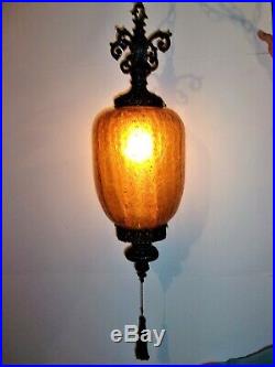 Vintage 1970's Amber Crackled Hanging Swag Lamp