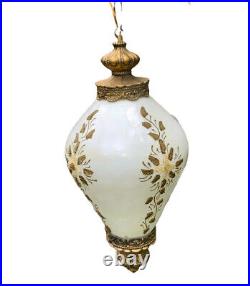 Vintage 1970's Glass Globe Swag Lamp Hanging Pendant Retro Applied Metal Florals