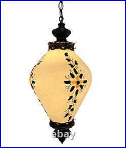 Vintage 1970's Glass Globe Swag Lamp Hanging Pendant Retro Applied Metal Florals
