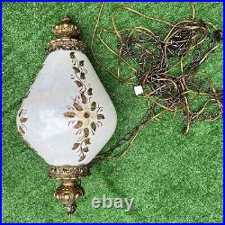 Vintage 1970's Glass Globe Swag Lamp Hanging Pendant Retro Applied Metal Florals Vintage 1970's Glass Globe Swag Lamp Hanging Pendant Retro Applied Metal Florals