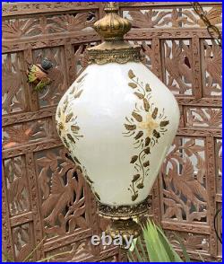 Vintage 1970's Glass Globe Swag Lamp Hanging Pendant Retro Applied Metal Florals