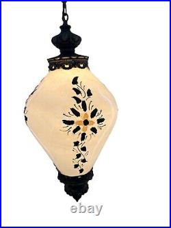 Vintage 1970's Glass Globe Swag Lamp Hanging Pendant Retro Applied Metal Florals