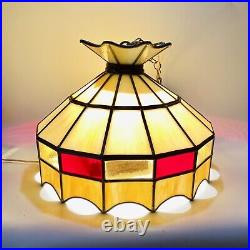 Vintage 1970's Hanging Leaded Stain Glass Ceiling Mount Lamp Swag Light