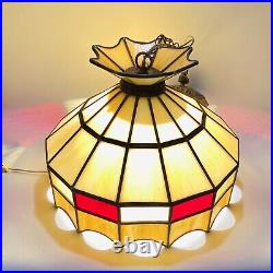 Vintage 1970's Hanging Leaded Stain Glass Ceiling Mount Lamp Swag Light