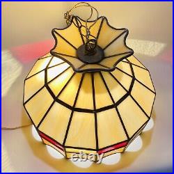 Vintage 1970's Hanging Leaded Stain Glass Ceiling Mount Lamp Swag Light