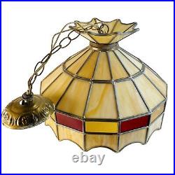 Vintage 1970's Hanging Leaded Stain Glass Ceiling Mount Lamp Swag Light