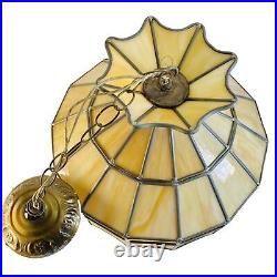 Vintage 1970's Hanging Leaded Stain Glass Ceiling Mount Lamp Swag Light