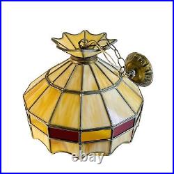 Vintage 1970's Hanging Leaded Stain Glass Ceiling Mount Lamp Swag Light