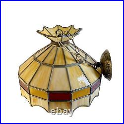 Vintage 1970's Hanging Leaded Stain Glass Ceiling Mount Lamp Swag Light