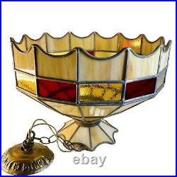 Vintage 1970's Hanging Leaded Stain Glass Ceiling Mount Lamp Swag Light