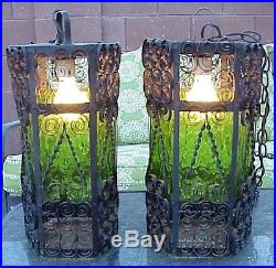 Vintage 1970's Pair (2) Wrought Iron Spanish Green Glass Hanging Swag Light Lamp