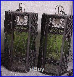 Vintage 1970's Pair (2) Wrought Iron Spanish Green Glass Hanging Swag Light Lamp