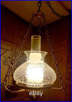 Vintage 1970's Retro Hobnail Hurricane Hanging Swag Lamp Clear Glass 16