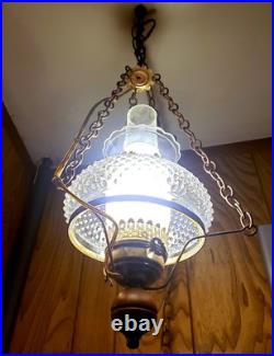 Vintage 1970's Retro Hobnail Hurricane Hanging Swag Lamp Clear Glass 16
