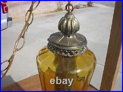 Vintage 1970s Amber Glass Swag Lamp, Pendant Light American Mid Century Nice