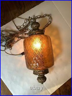 Vintage 1970s Amber Gold Yellow Glass Hanging 19 Light Swag Lamp 13 Chain