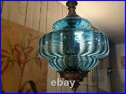 Vintage 1970s Blue Glass Hanging Swag Lamp