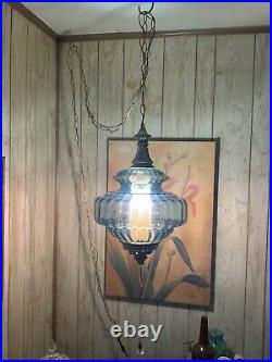 Vintage 1970s Blue Glass Hanging Swag Lamp