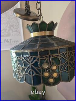 Vintage 1970s Green Grape Faux Stained Glass Plastic Swag Hanging Lamp