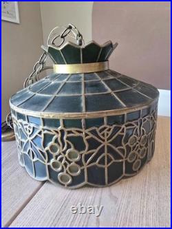 Vintage 1970s Green Grape Faux Stained Glass Plastic Swag Hanging Lamp
