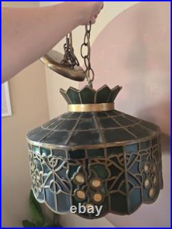 Vintage 1970s Green Grape Faux Stained Glass Plastic Swag Hanging Lamp