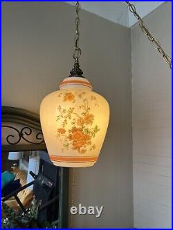 Vintage 1970s Hanging Swag Lamp Orange Brown Floral