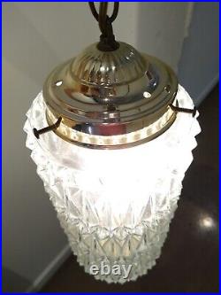 Vintage 1970s Hollywood Regency diamond Clear Glass Hanging Light Lamp WORKS
