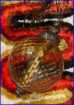 Vintage 1970s MCM Textured Amber Glass Diffuser Hanging Swag Lamp with Brass Chain