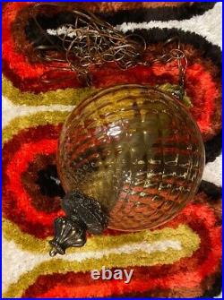 Vintage 1970s MCM Textured Amber Glass Diffuser Hanging Swag Lamp with Brass Chain