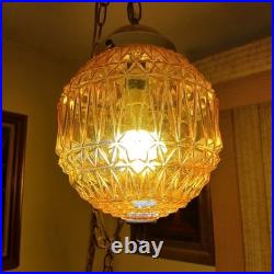 Vintage 1970s Orange Amber Round Glass Globe Hanging Swag Light Fixture