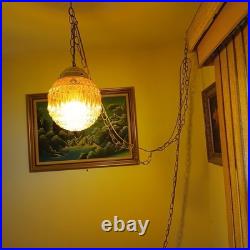 Vintage 1970s Orange Amber Round Glass Globe Hanging Swag Light Fixture
