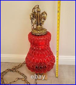Vintage 1973 Nemo Hanging Strawberry Red Glass Swag Lamp Hollywood Regency RARE