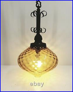 Vintage 21 MCM Hanging Swag Lamp Amber Orange Glass
