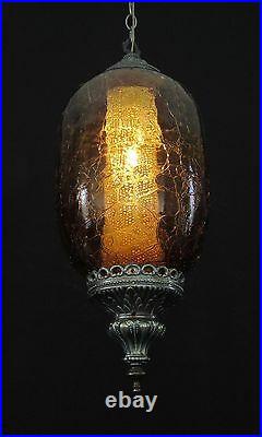 Vintage 22 Mid Century Crackle Amber Hanging Ceiling Light/Swag Lamp FX174