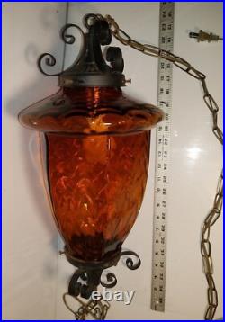 Vintage 22 Spanish Revival Iron & Glass Swag Lamp with Chain MCM
