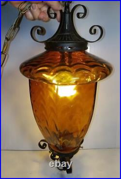 Vintage 22 Spanish Revival Iron & Glass Swag Lamp with Chain MCM