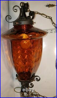Vintage 22 Spanish Revival Iron & Glass Swag Lamp with Chain MCM