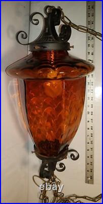Vintage 22 Spanish Revival Iron & Glass Swag Lamp with Chain MCM